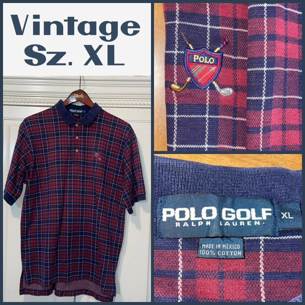 Polo Golf Shirt Men XL Plaid Windowpane Plaid Vintage Tartan‎ Logo Preppy